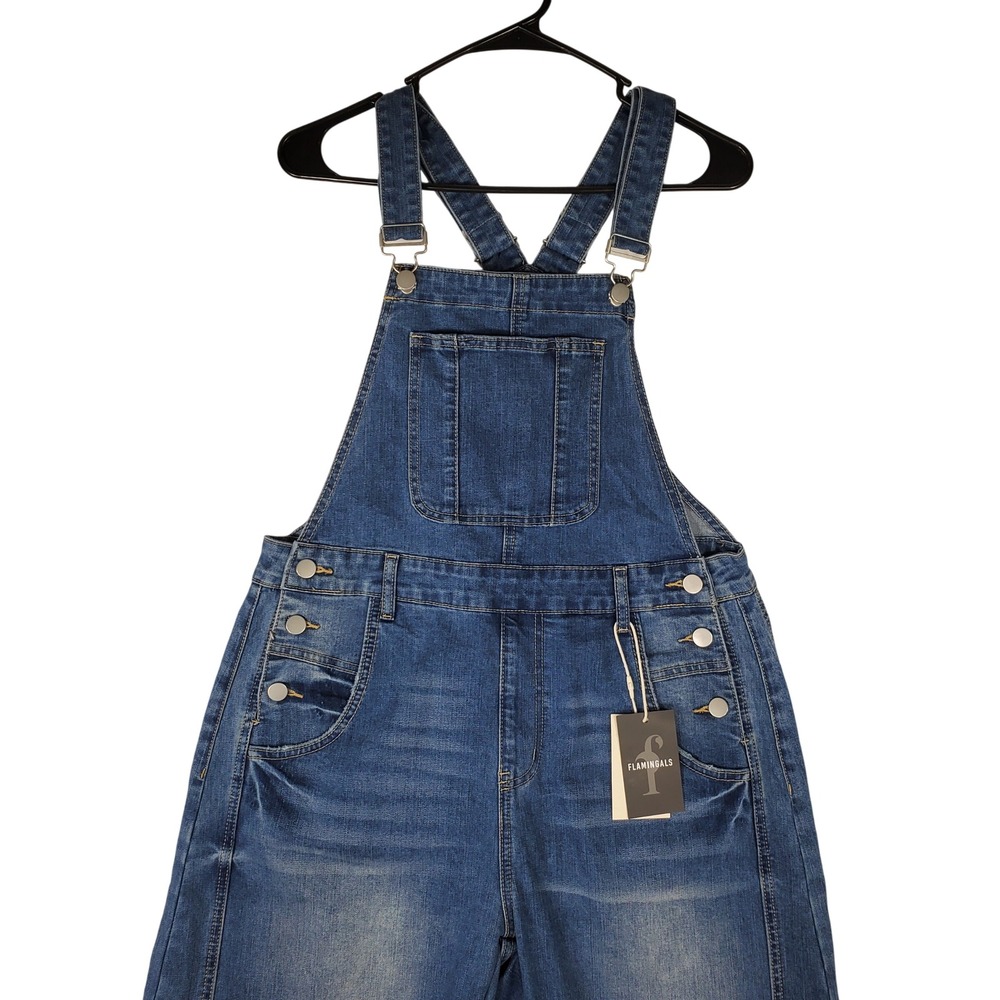 Flamingals Womens Denim Overalls Medium Wash Straight Leg Dungarees Size M 80012